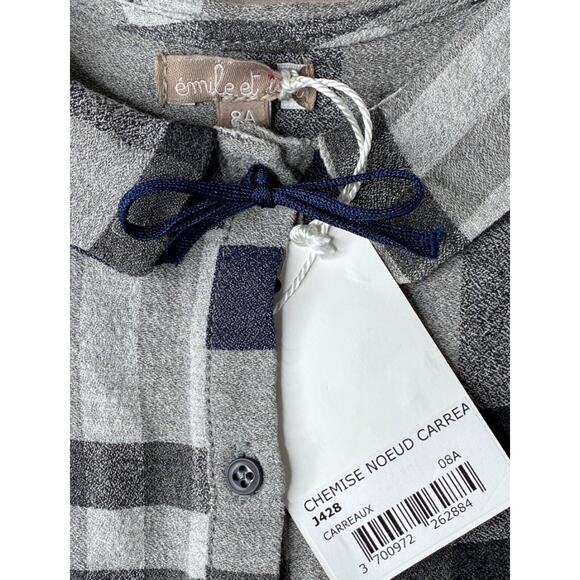 NWT Emile et Ida Gray & Navy Check Blouse w/Bow Girls 8 Yrs/8A - Picture 4 of 4